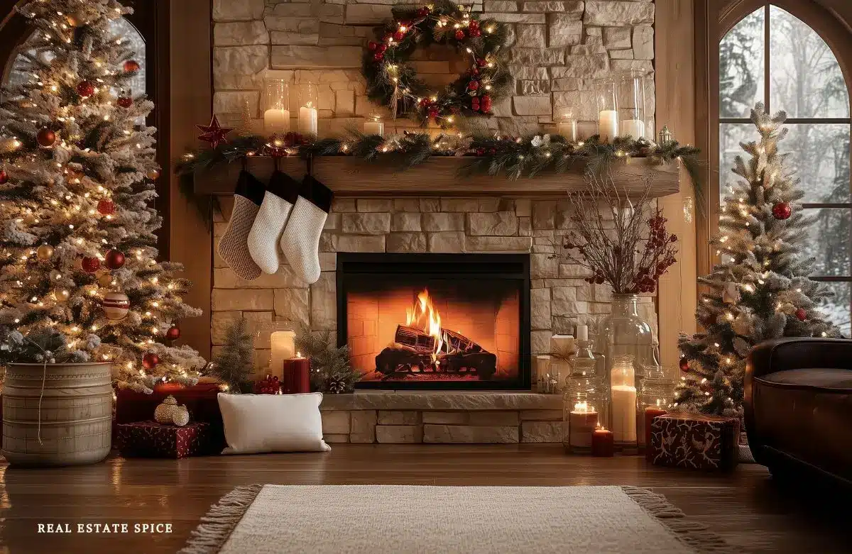 living room decorated for christmas with christmas trees mantle with christmas decor wreath