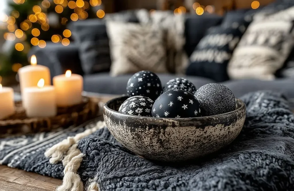 living room decorated for christmas with coffee table with a bowl of christmas decor