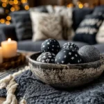 living room decorated for christmas with coffee table with a bowl of christmas decor