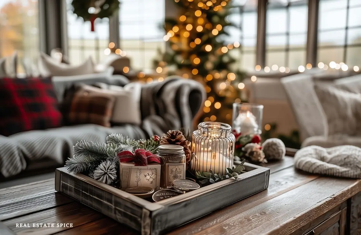 living room decorated in cozy christmas decor christmas tree coffee table with christmas decor