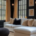 living room modern farmhouse style dark painted walls with cream sectional couch