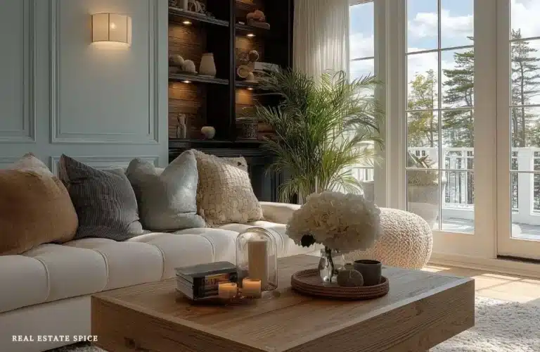 living room with board and batten wall layered lighting wall sconce candles under cabinet lighting plants coffee table throw pillows on couch