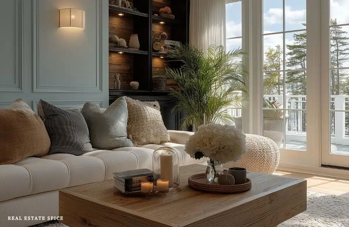 living room with board and batten wall layered lighting wall sconce candles under cabinet lighting plants coffee table throw pillows on couch