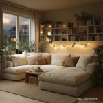 living room with bookshelves installed on a wall plants books and candles on bookshelves large section couch in front of them