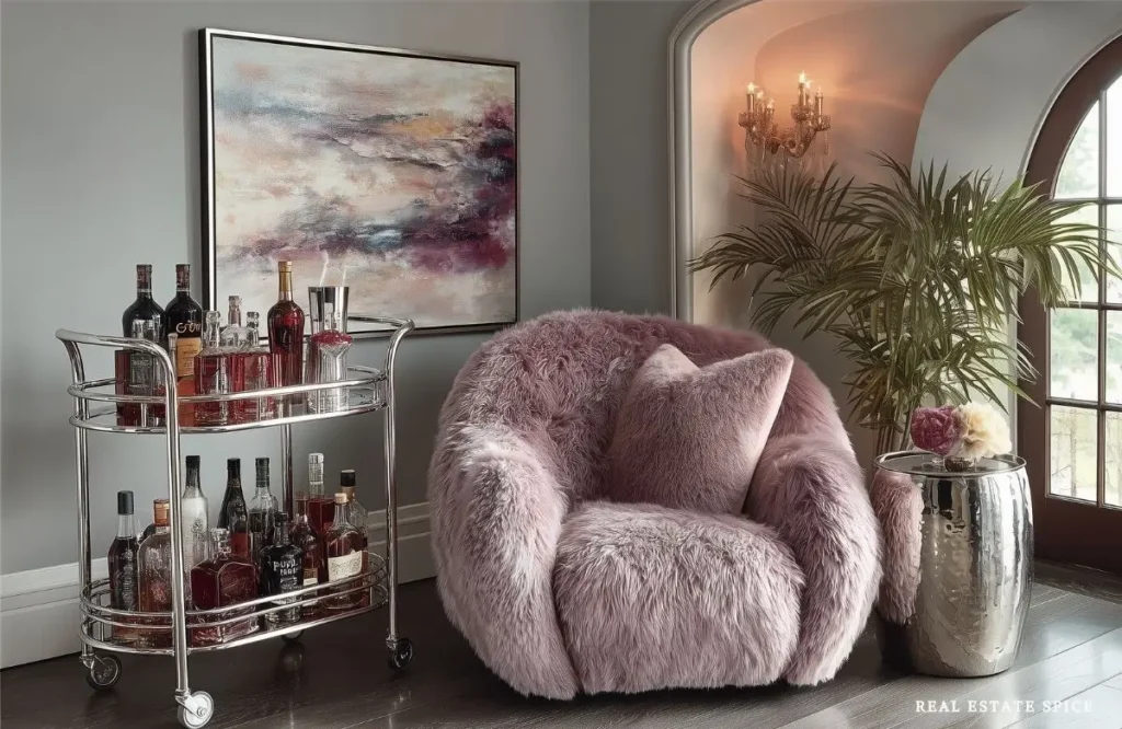 living room with cozy boucle chair metal drink cart and metal side table next to it
