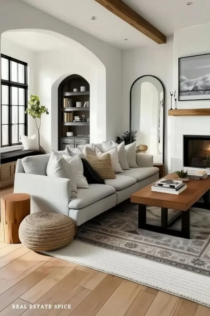 living room with cream area rug and another smaller decorative rug on top of it
