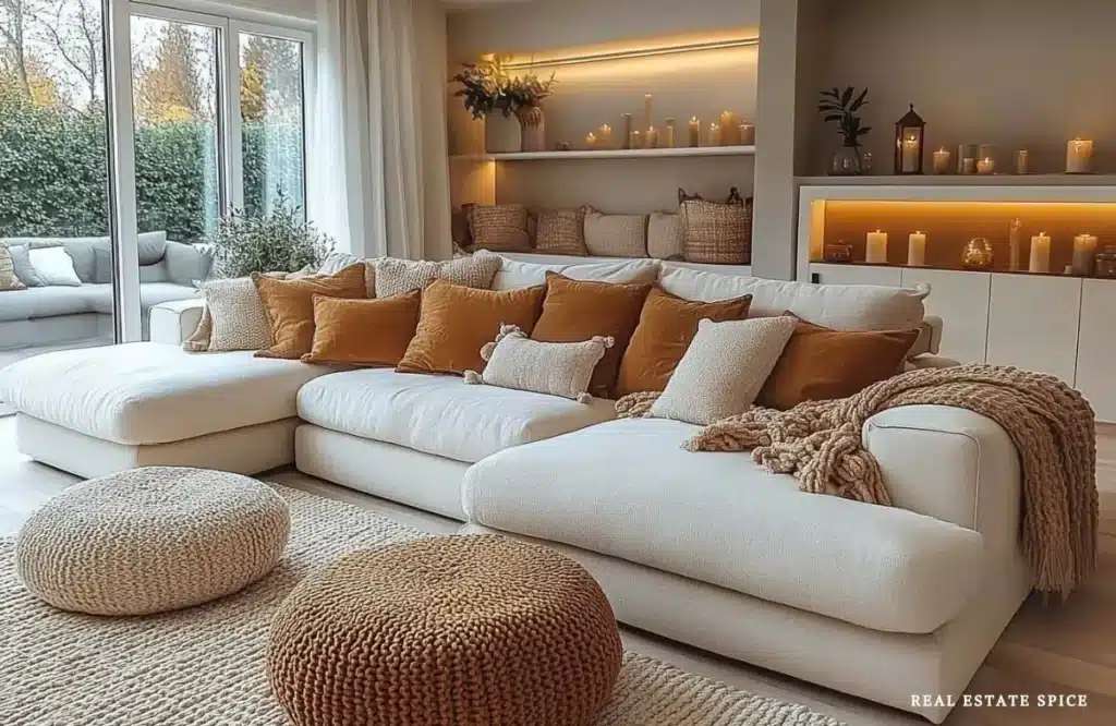 living room with cream cozy sectional couch with burnt orange throw pillows poufs candles baskets tea lights plants textured soft throw blanket on the couch