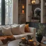 living room with earthy colors and wall paneling