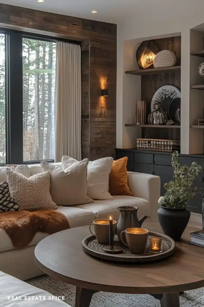 living room with earthy colors and wall paneling