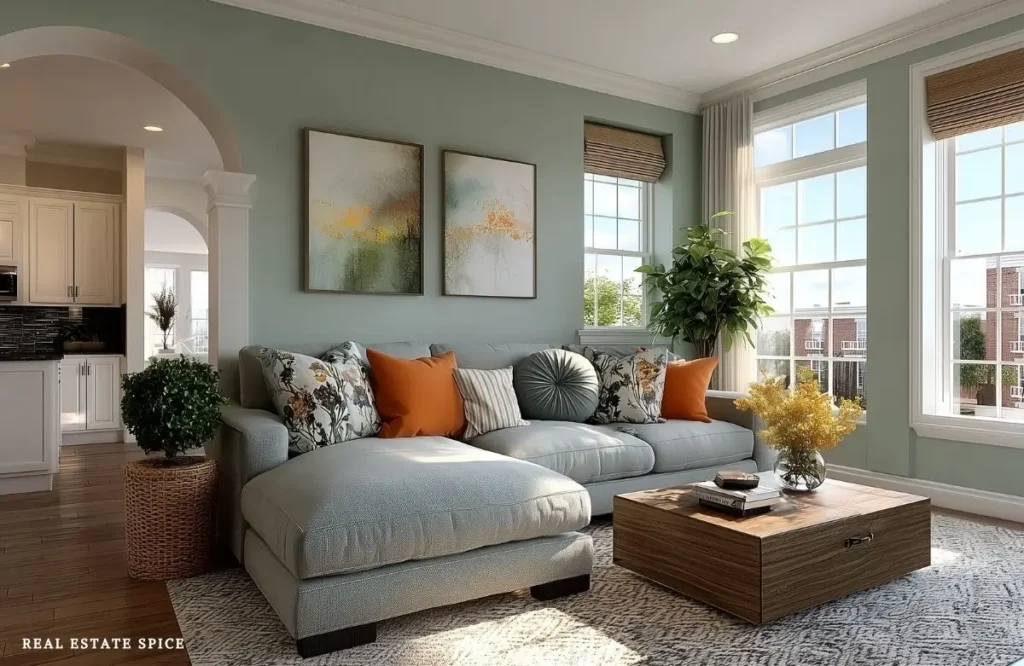 living room with sectional and area rug