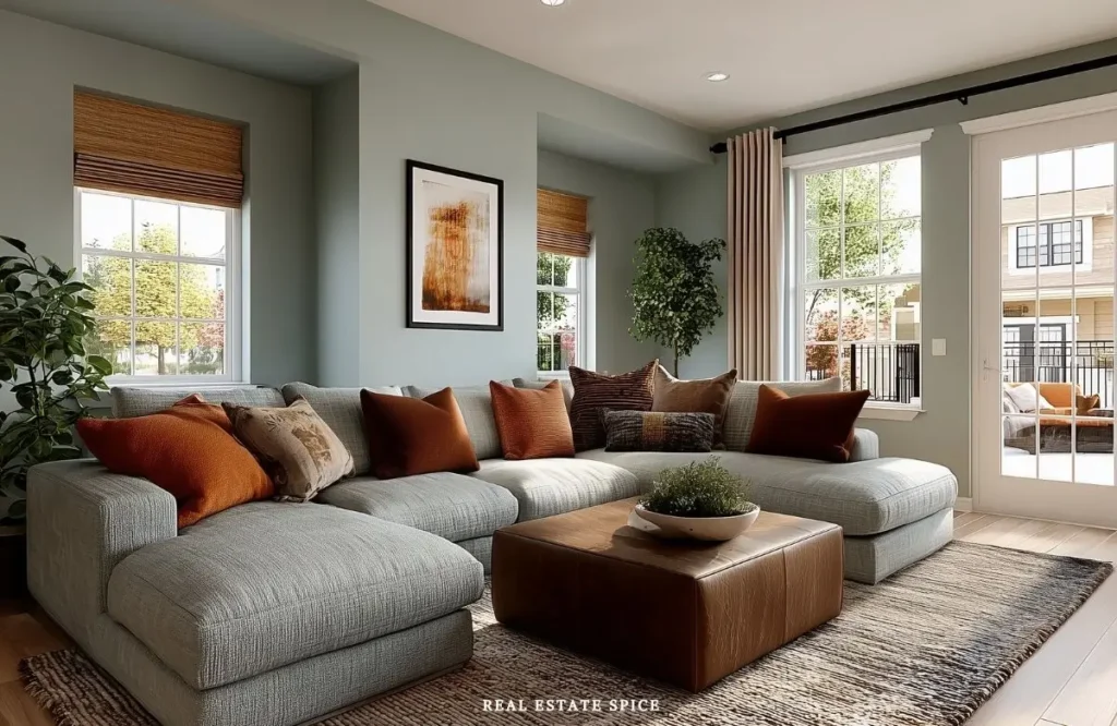 living room with sectional and large area rug