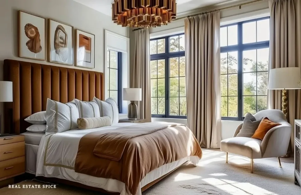 Luxury bedroom with a camel channel-tufted headboard, layered cream and rust bedding, black-framed windows, floor-to-ceiling curtains, and a brass chandelier