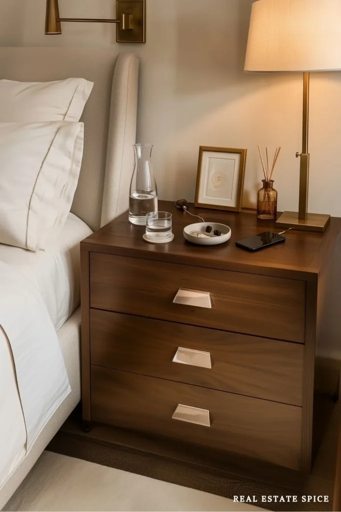 Walnut bedside chest with a water carafe, drinking glass, jewelry dish, phone charger, reed diffuser, and brass lamp beside an upholstered bed