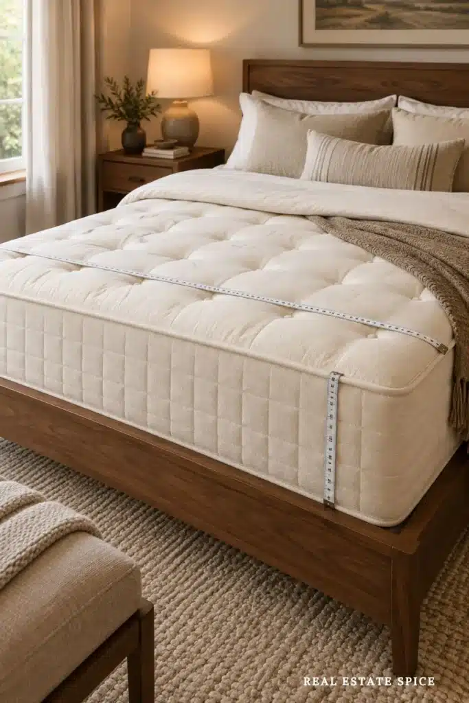 Thick cream mattress on a wood platform bed with measuring tapes across the top and down the side.