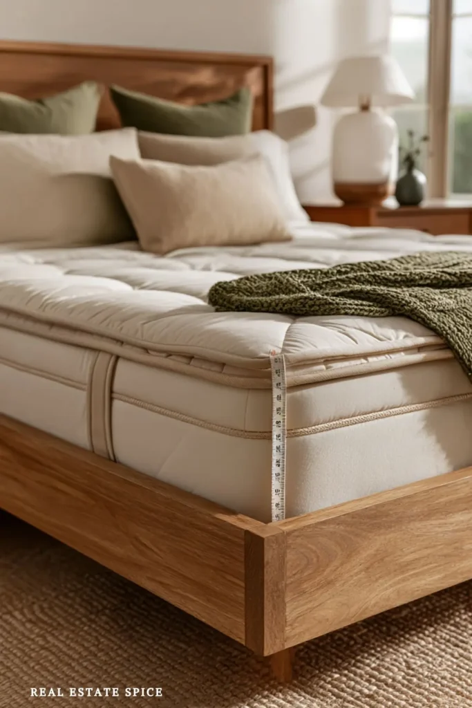Thick mattress and padded topper measured at the corner beside cream bedding and an olive green throw.