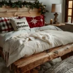 mirrors and garland above bed with christmas pillows on bed