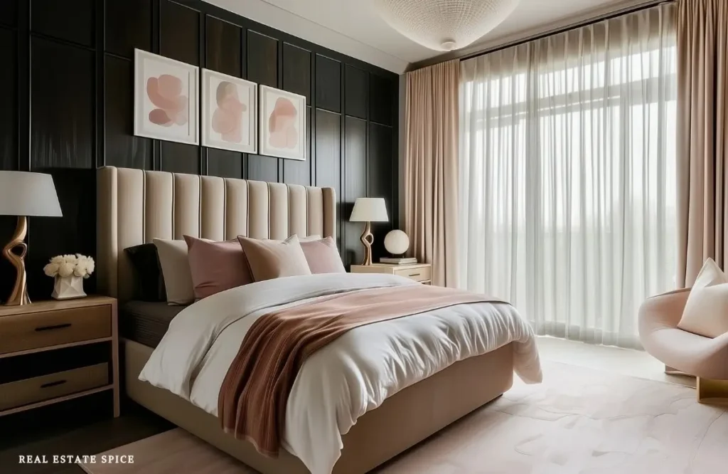 Modern bedroom with a black paneled wall, beige upholstered bed, blush bedding, wood nightstands, and floor-to-ceiling curtains