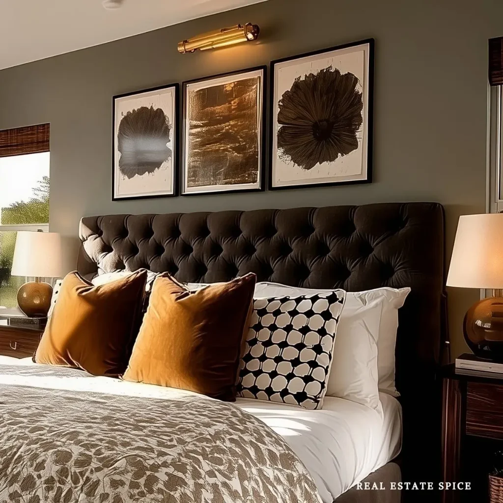 Modern bedroom with a dark wall, tufted headboard, warm brown pillows, and three framed artworks above the bed
