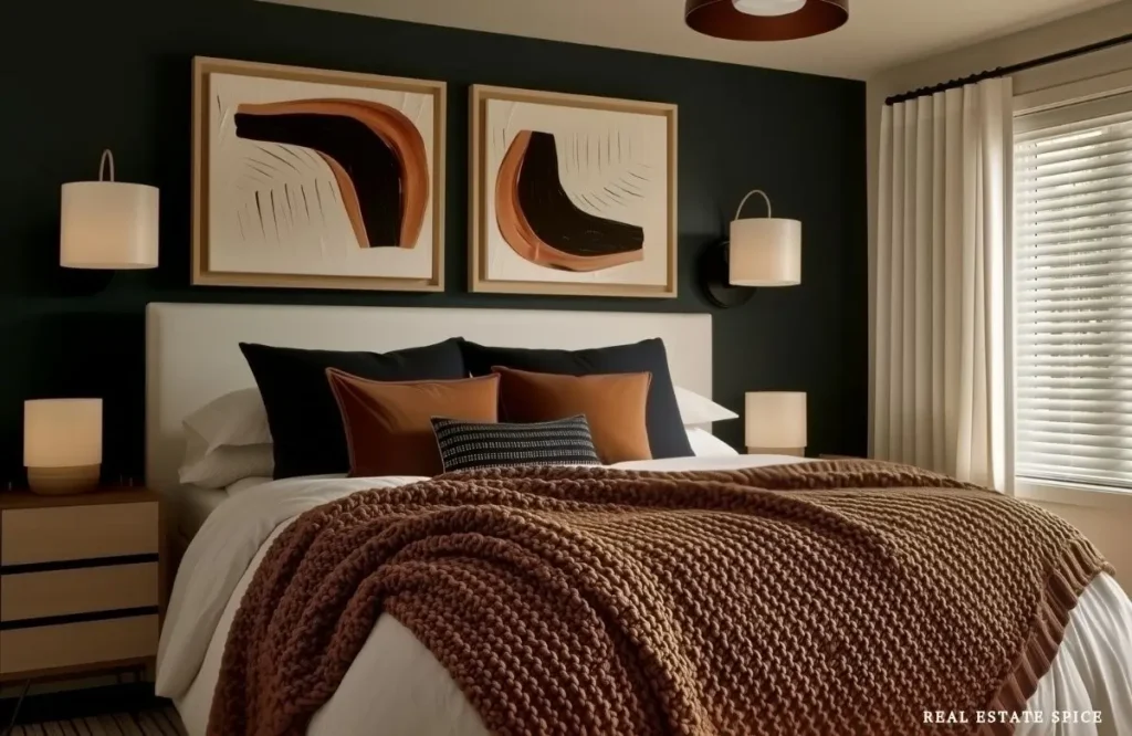 Modern bedroom with a black accent wall, cream upholstered bed, brown bedding, abstract art and wall sconces