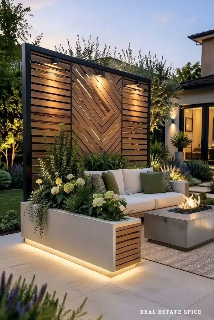 modern patio with tall privacy screen and potted greenery on the side