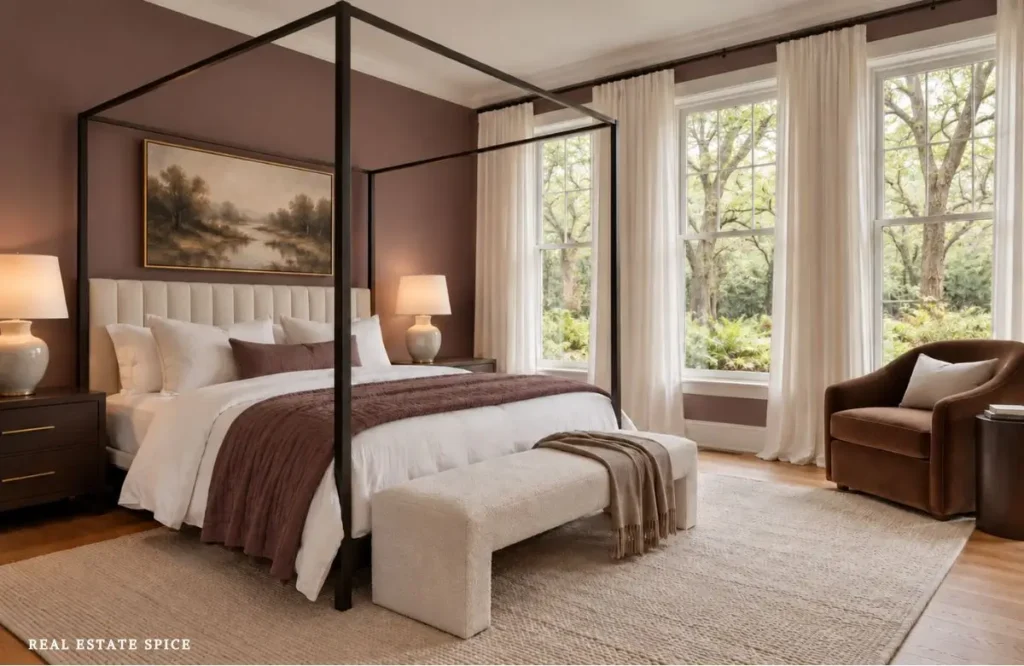 Calm bedroom with muted plum walls, a black canopy bed, layered cream bedding, a brown reading chair, and tall windows overlooking leafy trees.