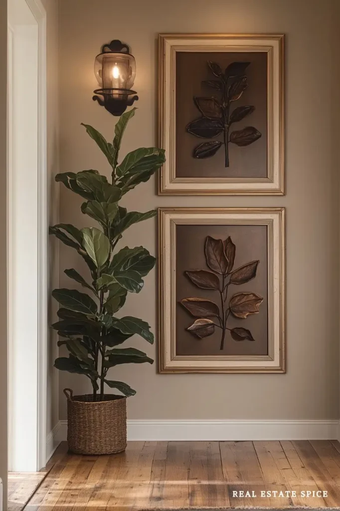 narrow hallway with two vertically framed artwork