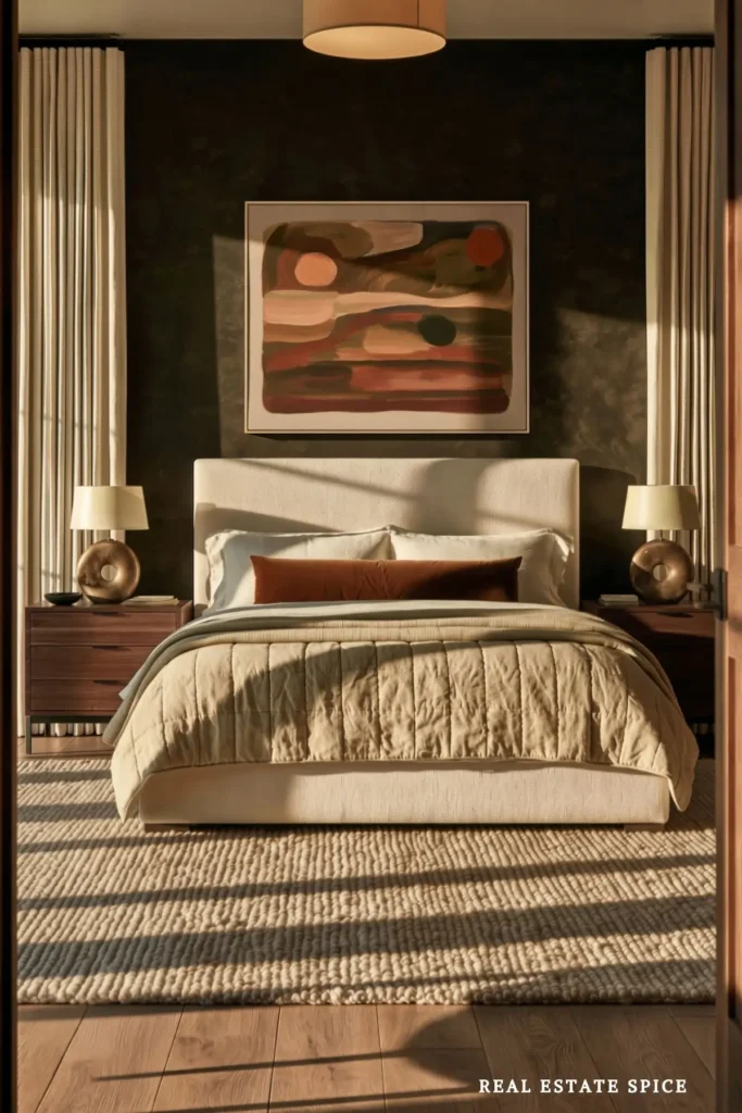 Neutral bedroom with a cream upholstered bed, dark accent wall, warm wood nightstands, abstract art, and a drum ceiling light.