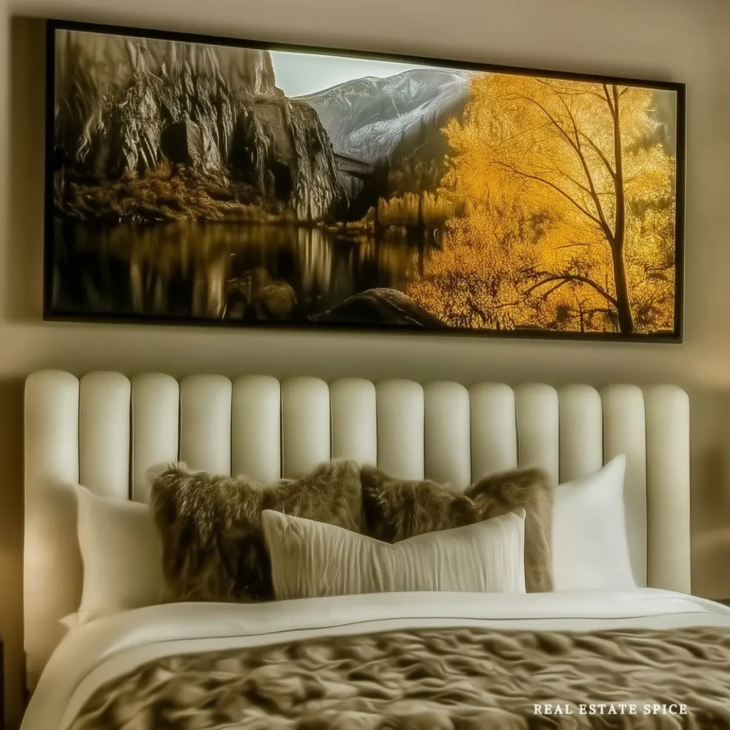 Cream upholstered bed with layered neutral bedding beneath large landscape wall art featuring golden trees and mountains