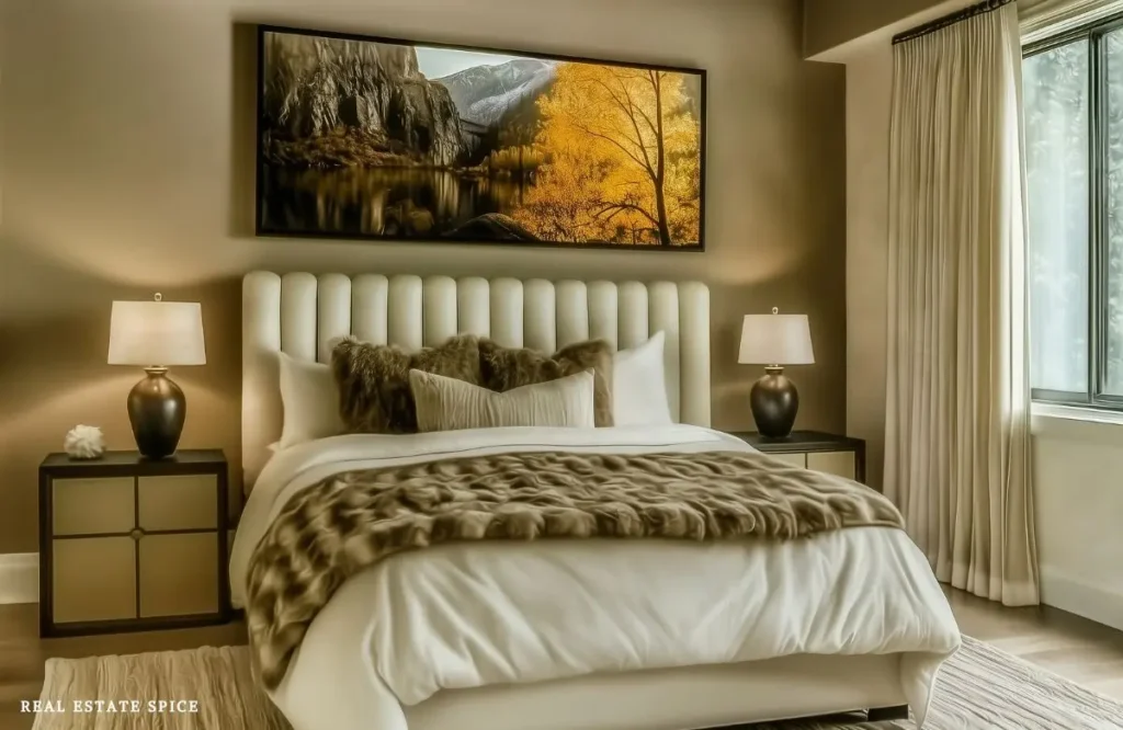Neutral bedroom with a cream upholstered bed, layered white and brown bedding, matching bedside lamps, and large landscape art above the headboard.