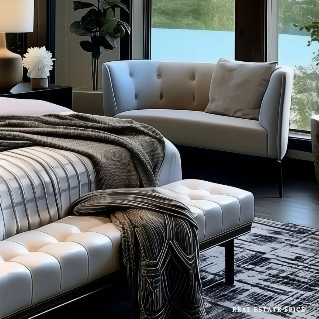 Neutral bedroom with a small upholstered loveseat by the window and a tufted bench at the foot of the bed