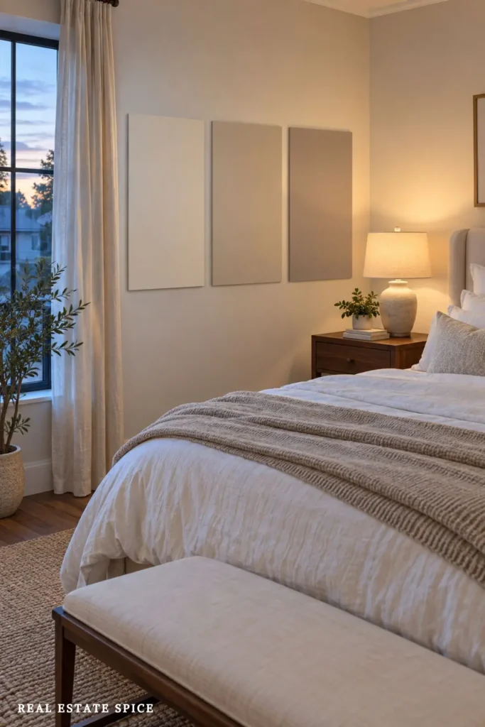 Neutral bedroom with three large paint sample boards shown between cool window light and a warm bedside lamp