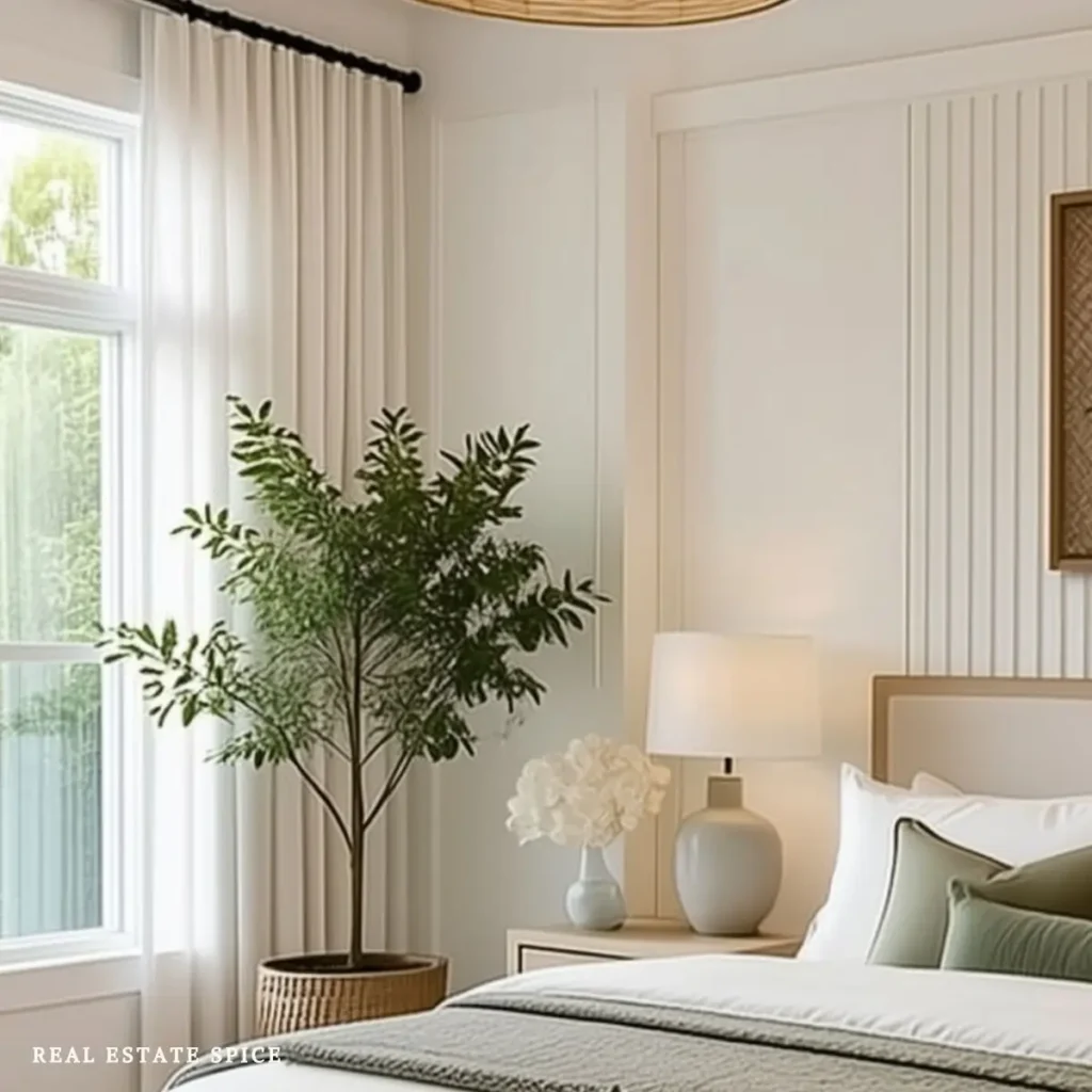 Bright neutral bedroom with a tall potted tree beside the window and white flowers on a bedside table