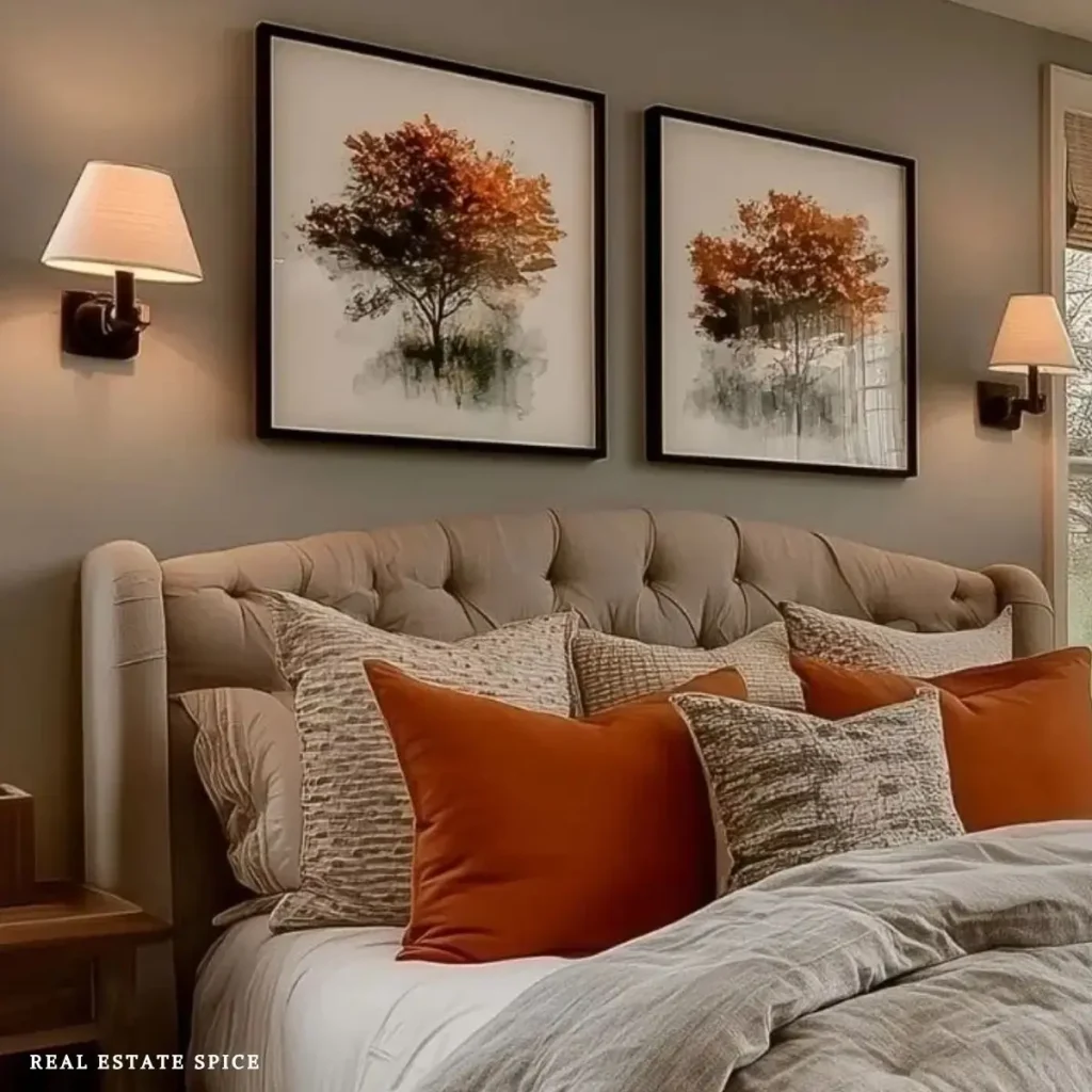 Neutral bedroom with a tufted upholstered bed, wall-mounted sconces, rust throw pillows, and framed tree artwork