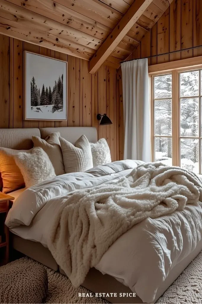 nordic winter bedroom winter tree wall art above the bed