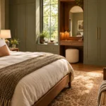 Warm bedroom with olive built-in wardrobes surrounding a tall window and a walnut dressing nook with an arched mirror
