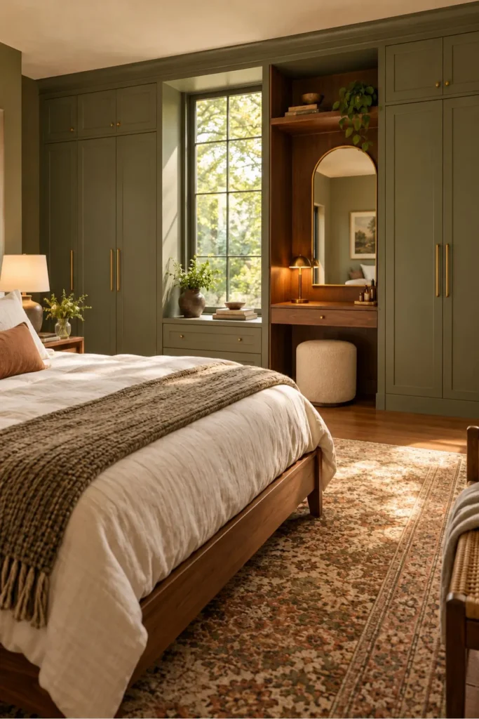 Warm bedroom with olive built-in wardrobes surrounding a tall window and a walnut dressing nook with an arched mirror