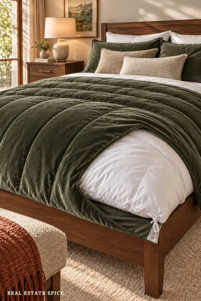 Muted olive velvet duvet cover opened to reveal a white insert and corner tie on a walnut bed.