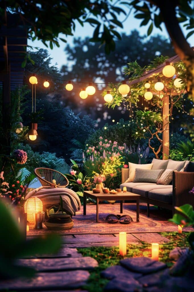 outdoor patio with globe lights chairs candles flowers paver patio