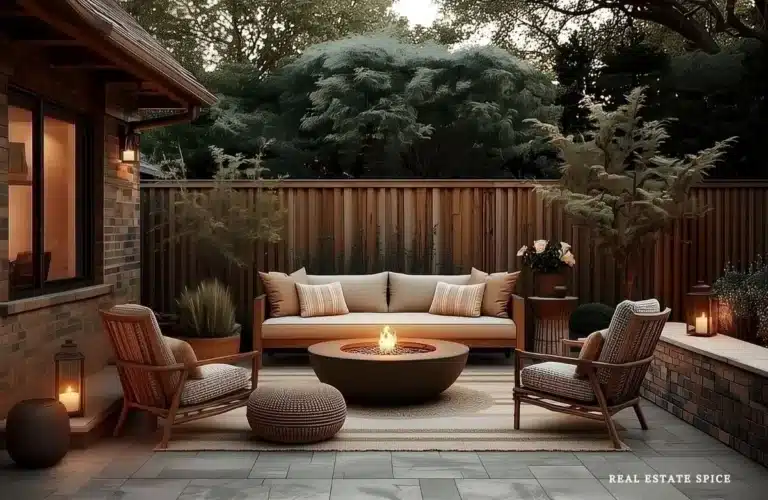 outdoor patio with two outdoor chairs and outdoor sofa