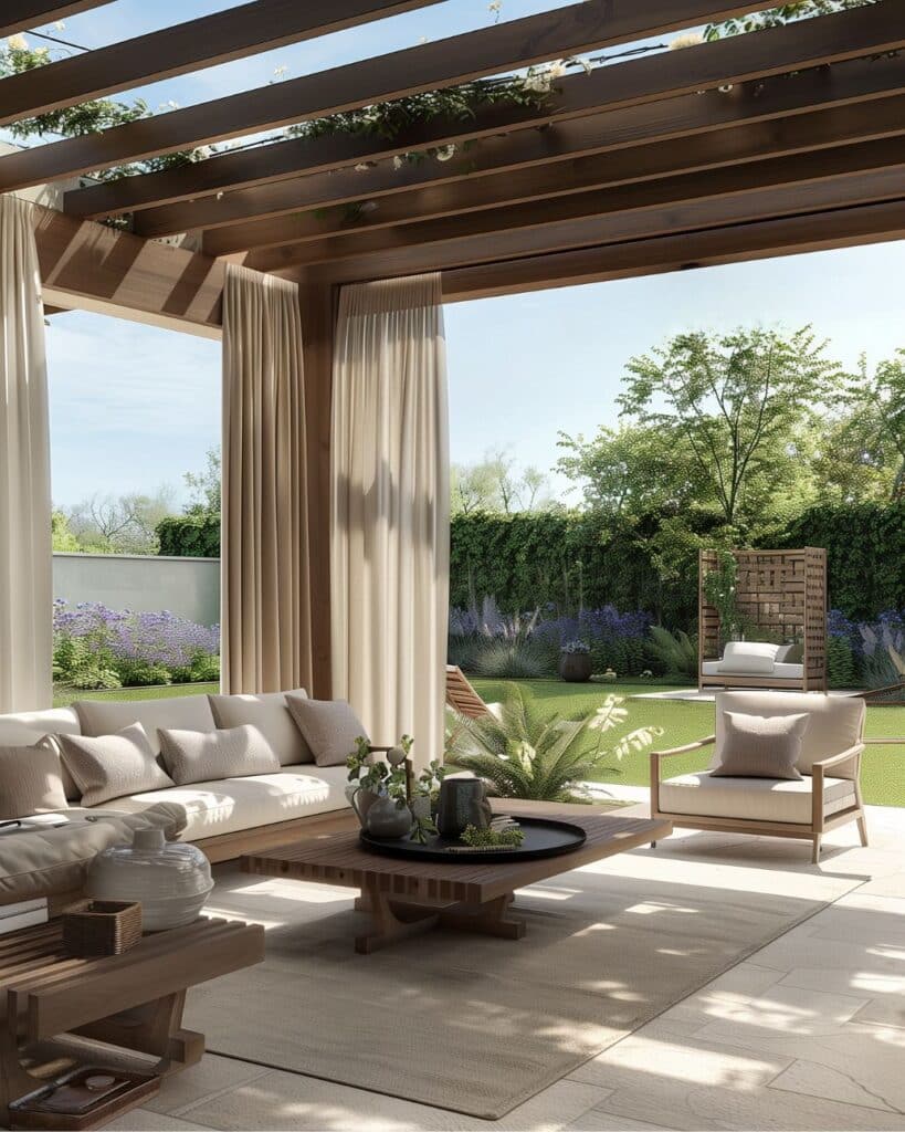 outdoor patio with wood outdoor furniture under pergola curtains hanging on pergola wood table outdoor rug under table throw pillows on outdoor furniture green grass