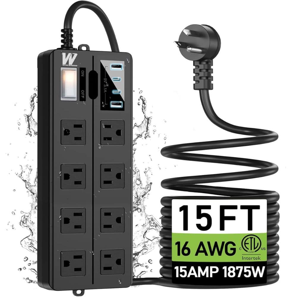 outdoor surge protector with 8 AC outlets and usb ports 15' long extension cord