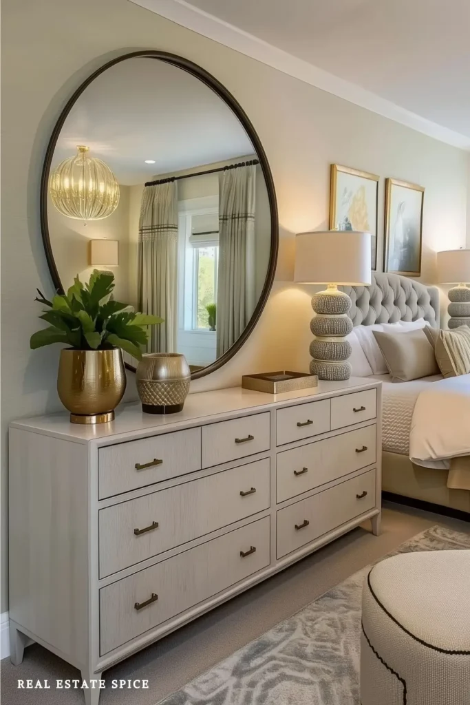 Large oval mirror above a light wood dresser reflecting a bedroom window, curtains, and brass chandelier
