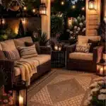 patio rule of 3 patio decor in the evening with lighting lanterns string lights outdoor seating area rug
