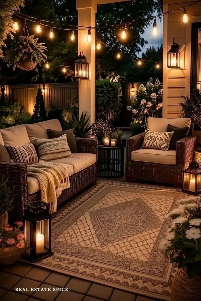 patio rule of 3 patio decor in the evening with lighting lanterns string lights outdoor seating area rug