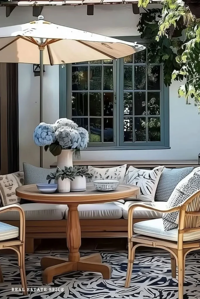 patio rule of 3 patio decor with an outdoor table with round bowls vase of flowers and small potted plants