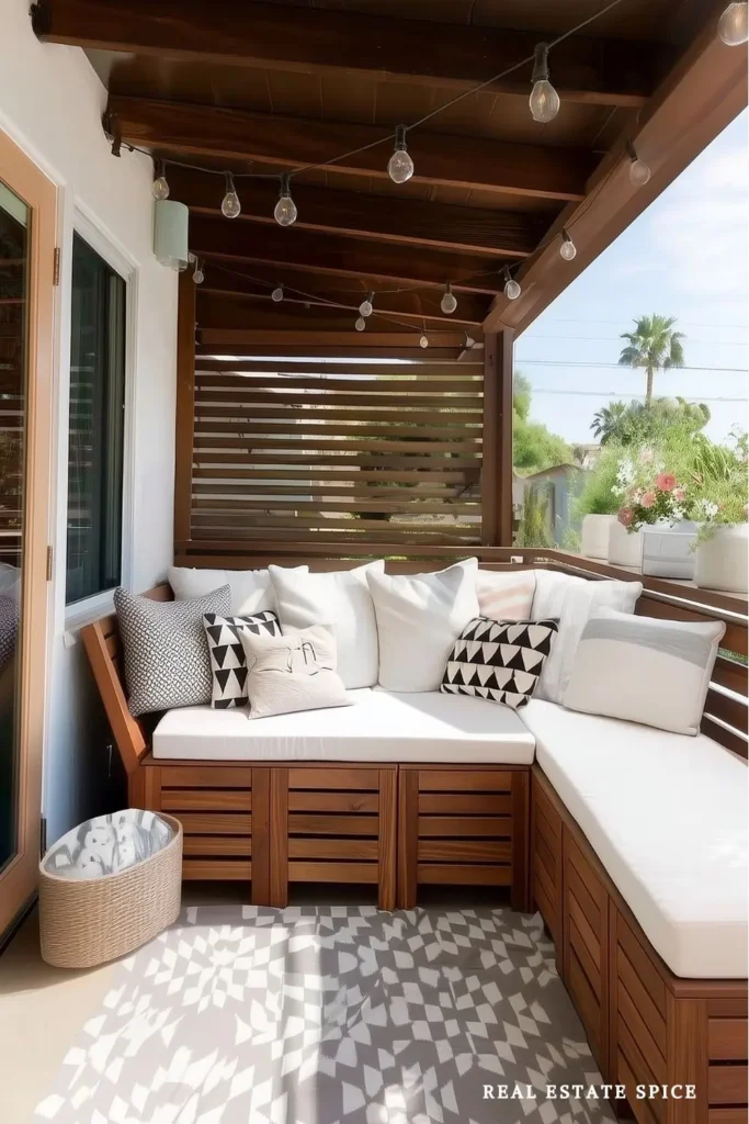 patio rule of 3 privacy a patio with a wood privacy screen and wood patio lounger with cushions