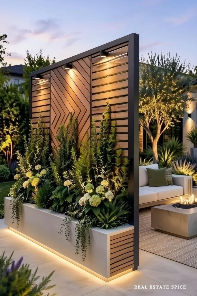 patio rule of 3 privacy has privacy screen tall plants and greenery in front and lighting along the bottom