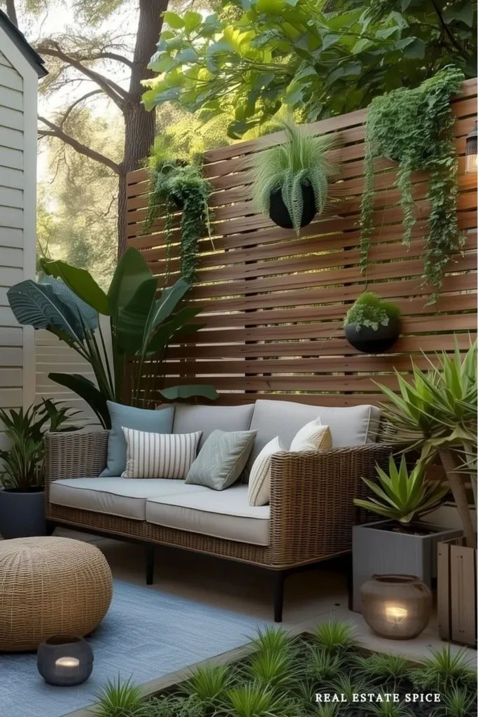 patio rule of 3 privacy patio with an outdoor sofa along a privacy screen