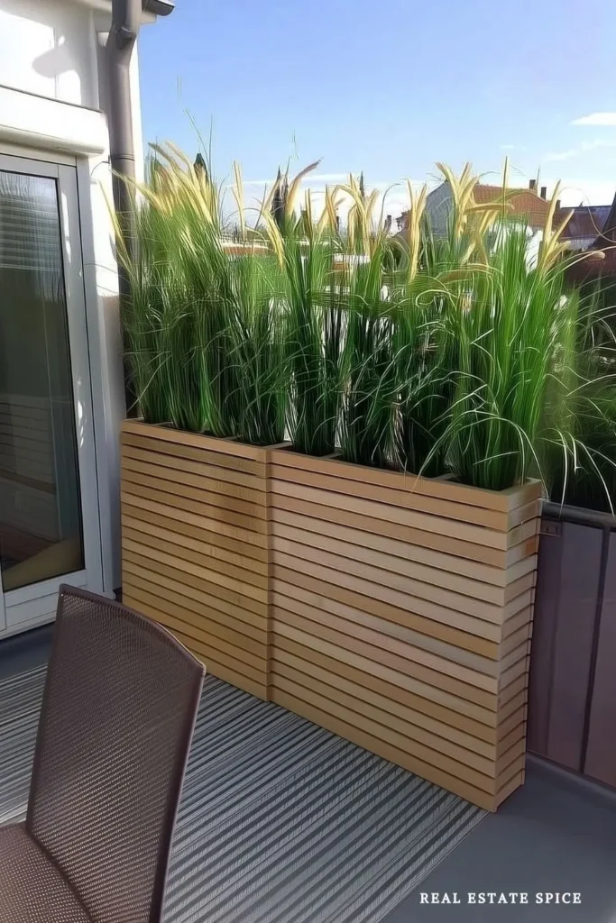 patio rule of 3 privacy tall wood outdoor planters with tall greenery in them on patio