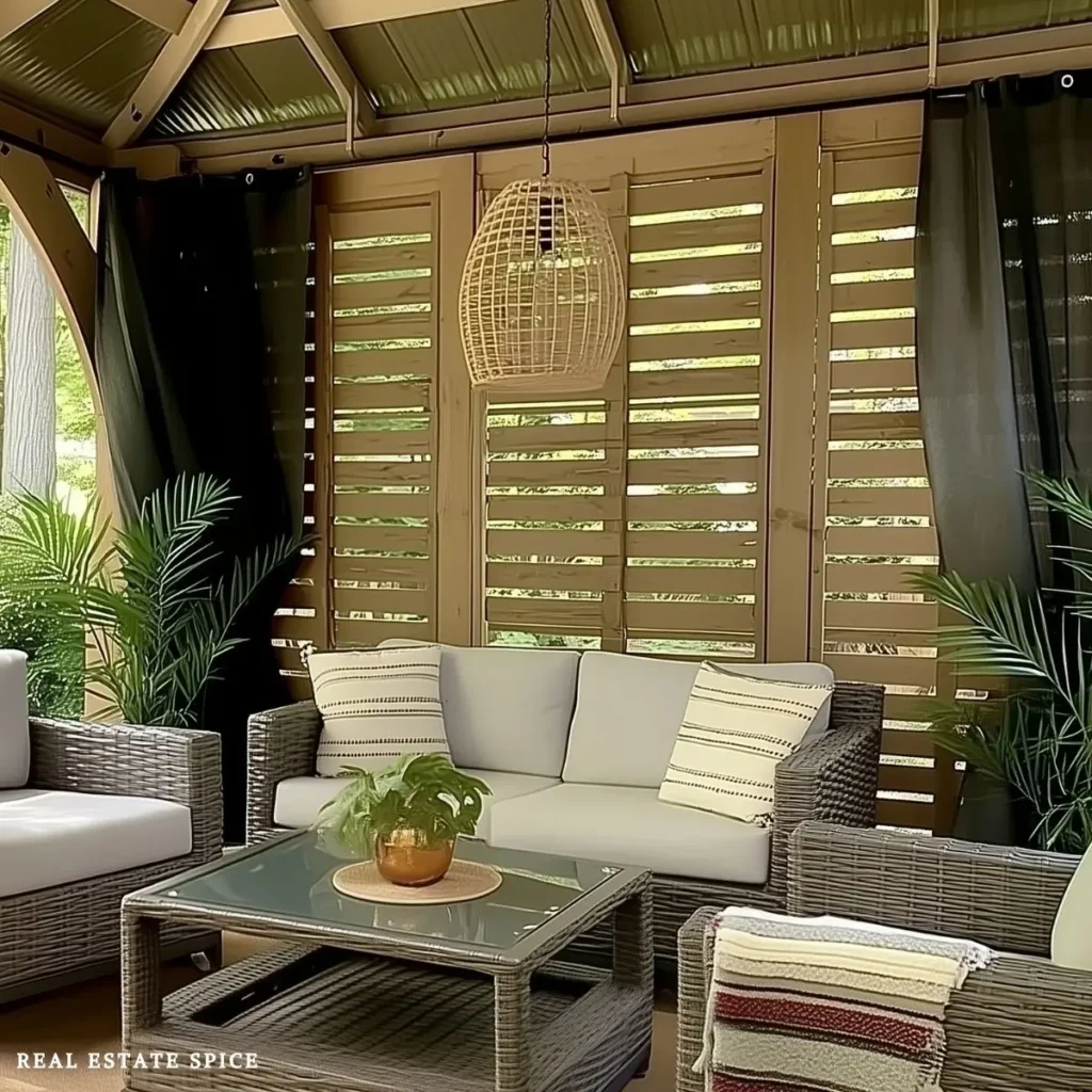 patio rule of 3 privacy with a privacy slatted wood side and curtains flanking each side